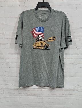 Grunt Style Gray Short-Sleeve Tee with Tank, Skull & American Flag